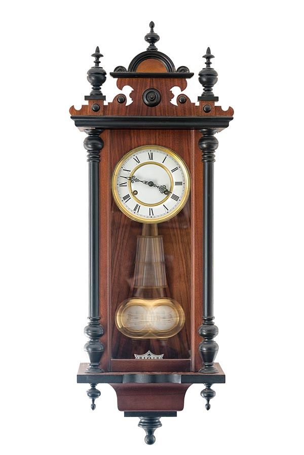 Antique Vienna regulator wall clock with pendulum and turned-wood columns